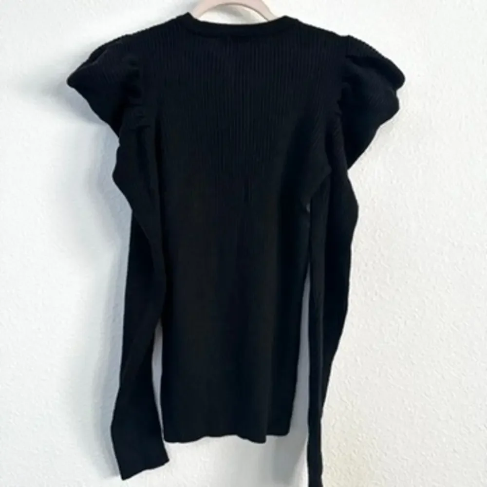 7 For All Mankind Puff Shoulder Ribbed Knit Sweater Black Modern Classic Women M
